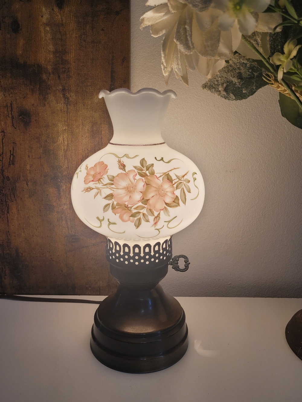Vintage Hurricane Table Lamp White Milk Glass Floral Shade